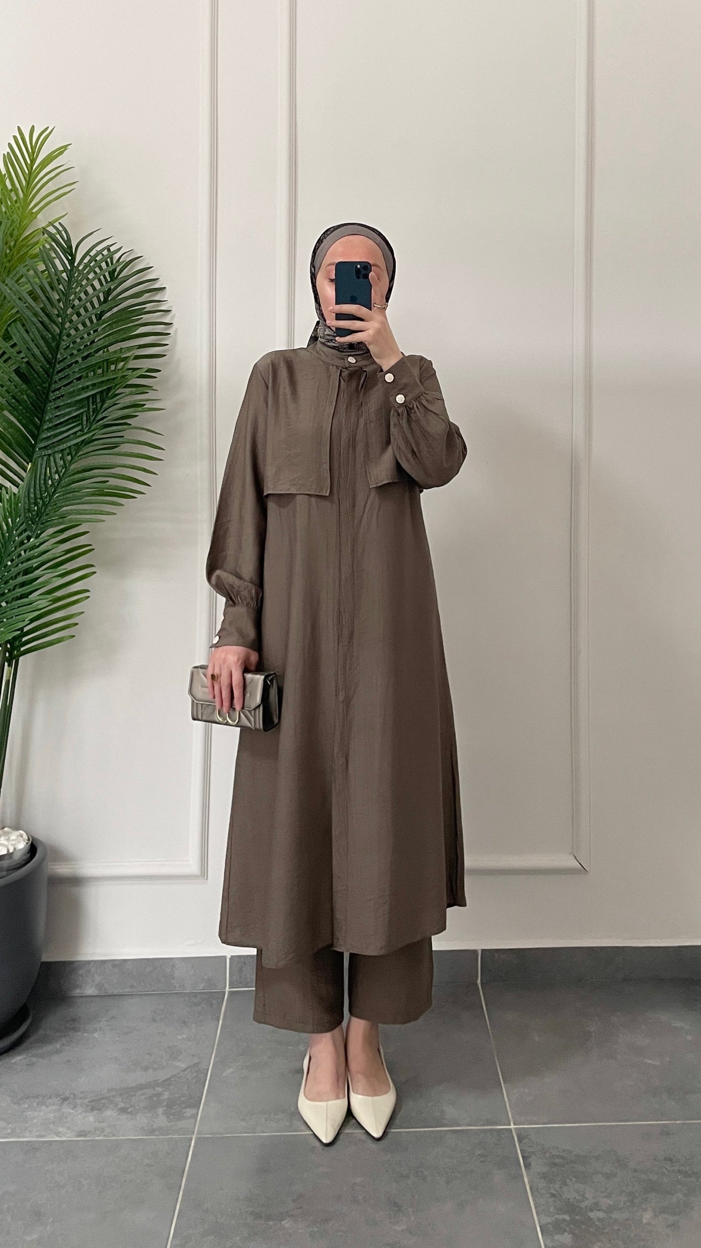 Çilek Kumaş Tunikli Takım-Boz Kahve