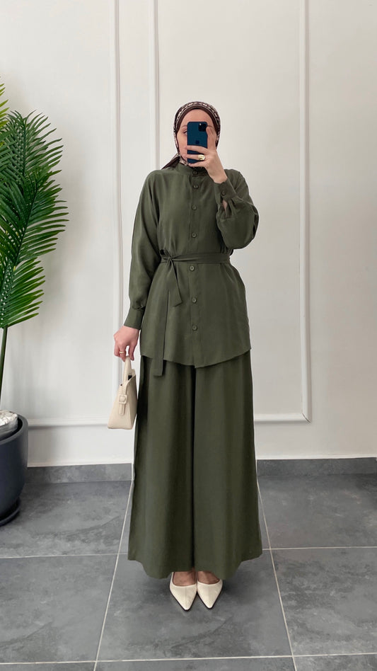 Tencel Keten Etek Pantolonlu Takım-Haki