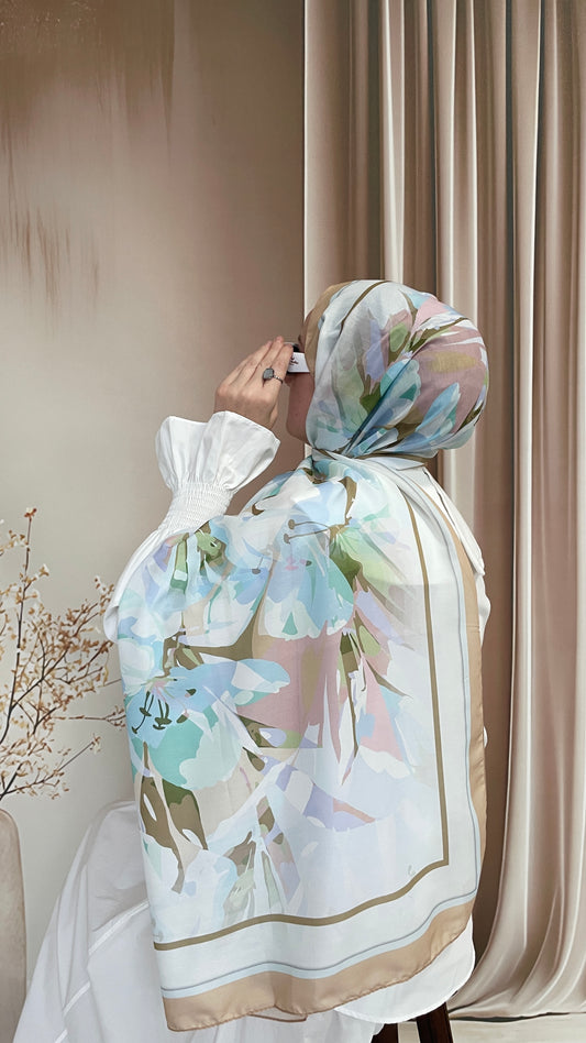 Ebruli Desen Pamuk Soft Şal Latte