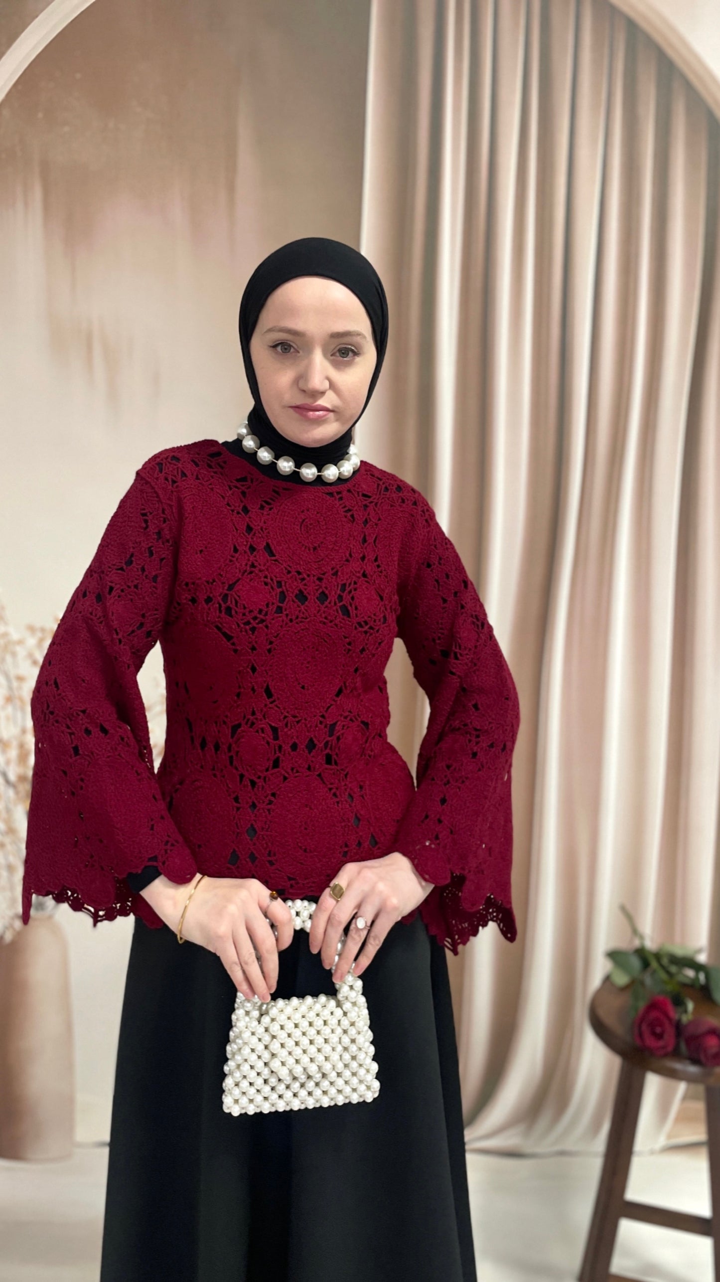 Dantel Tasarım İspanyol Kol Kazak Bordo