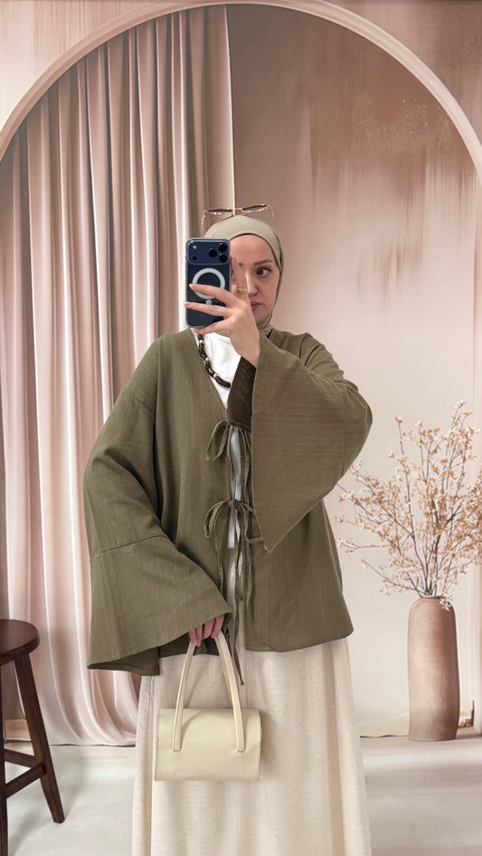 Kollar Volanlı Ham Keten Kimono Haki