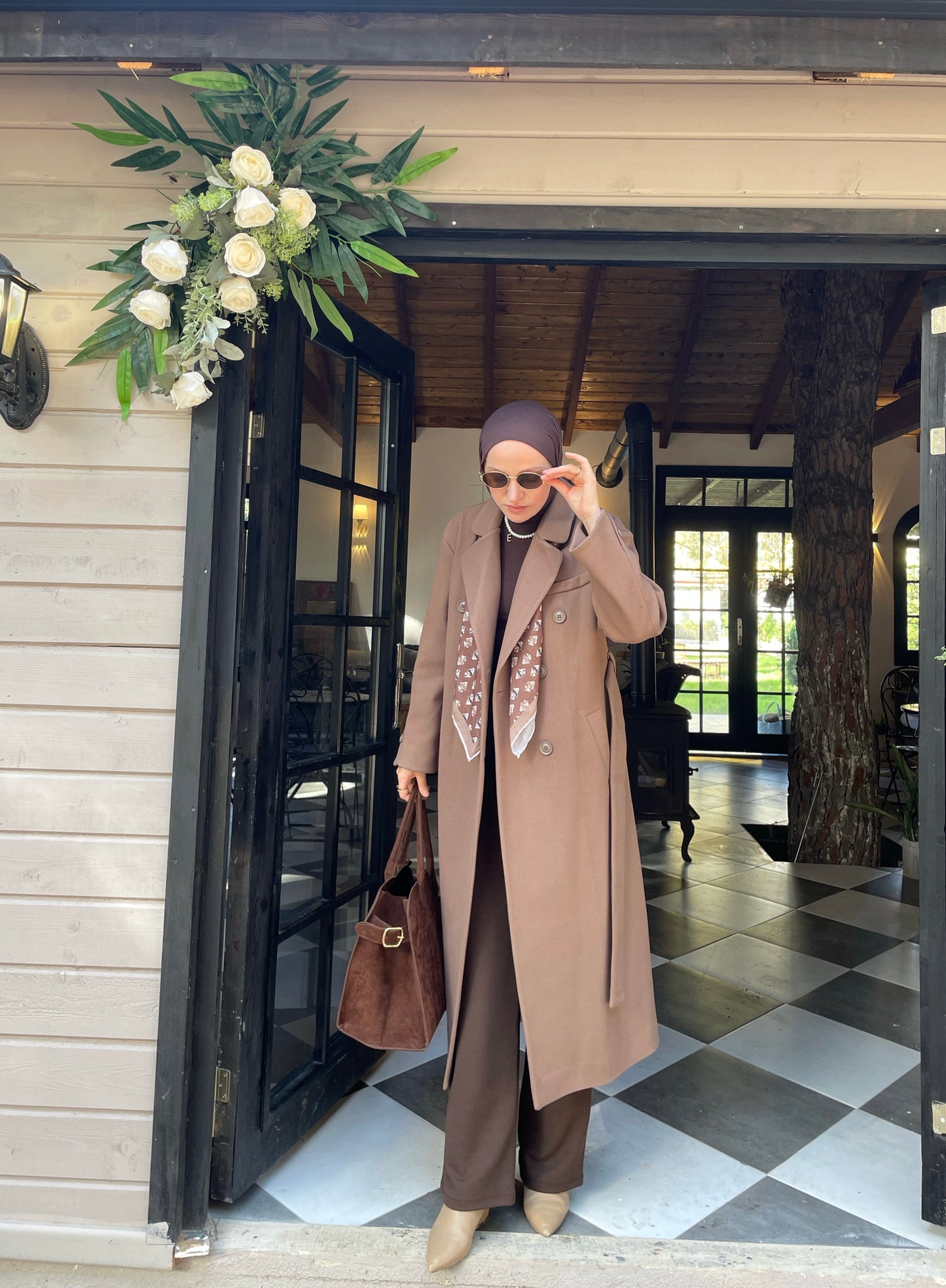 Vintage Tasarım Kol Düğmeli Kaşe  Kaban Vizon