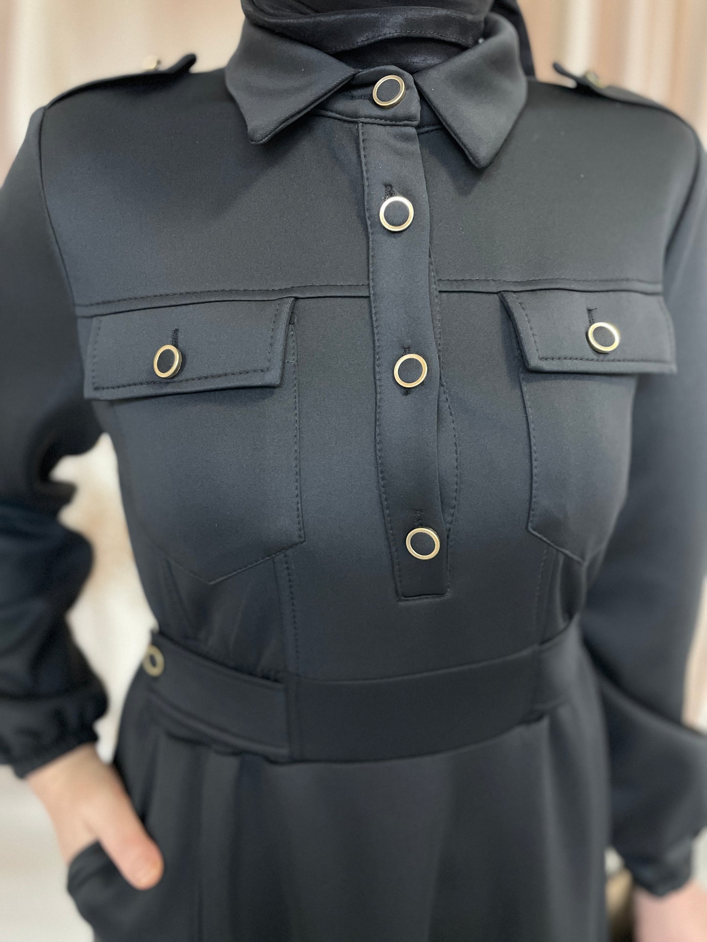 Apoletli Premium Scuba Elbise Siyah