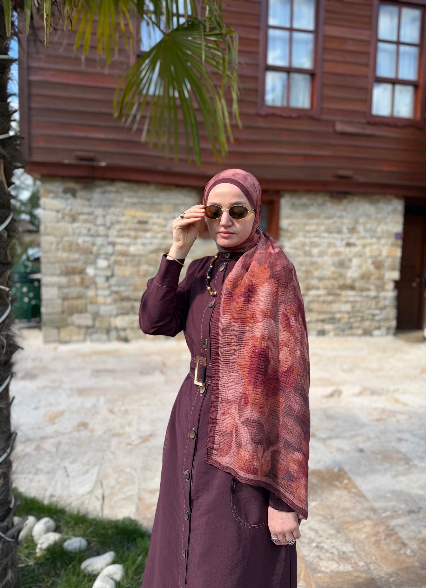 Lotus Müslin Şal Bordo&Somon