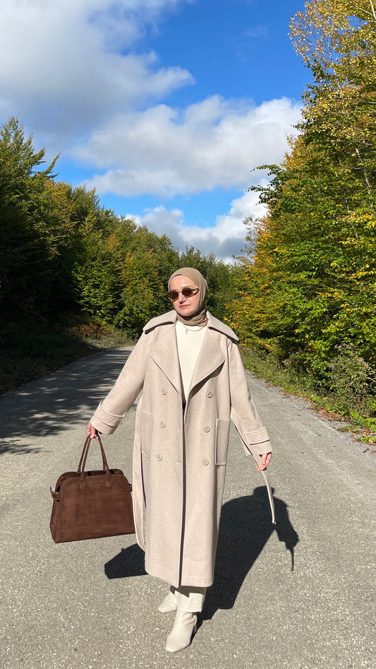 Kruvaze Yaka Premium Kaşe Kaban Bej