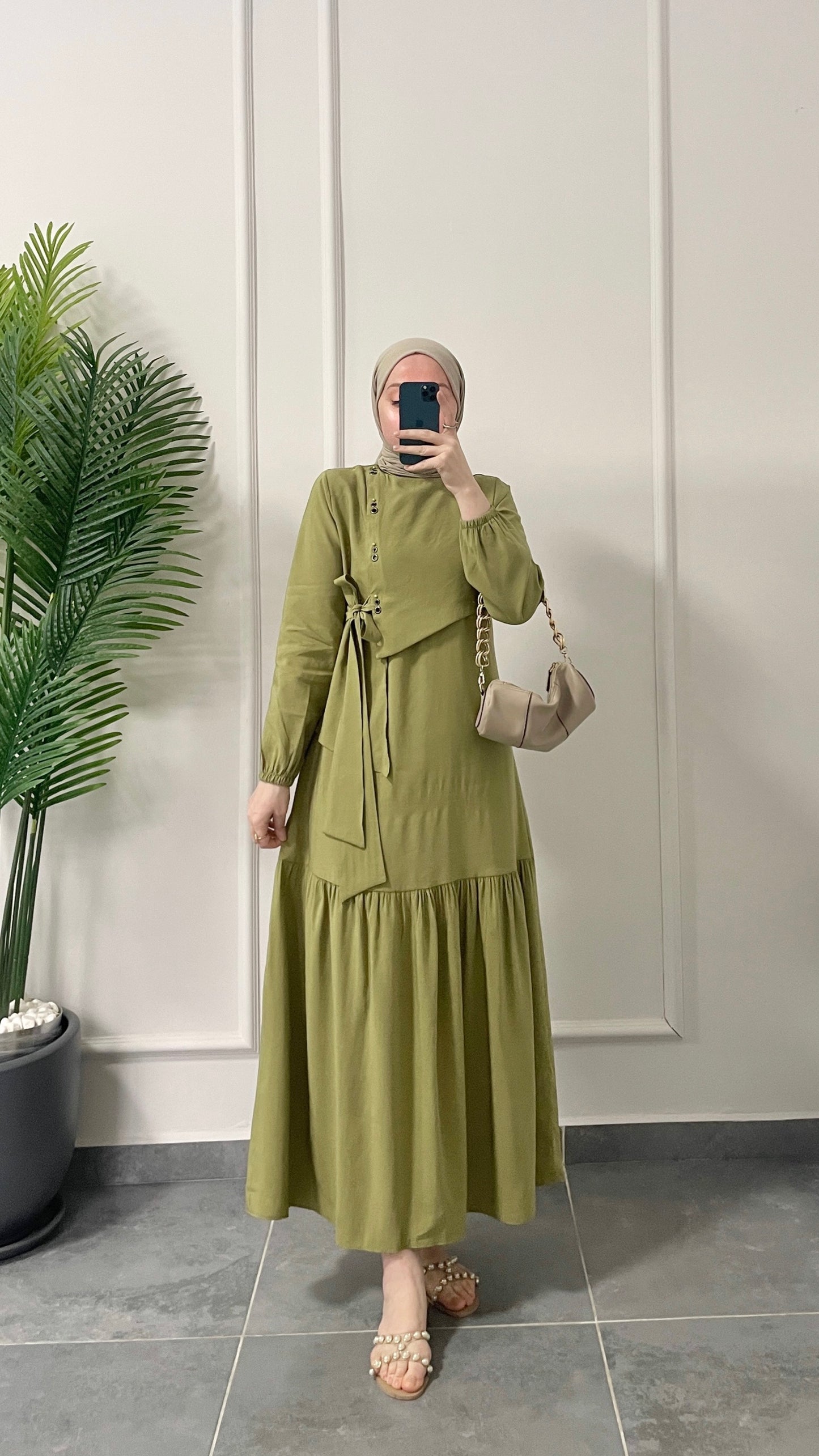 Lora Kuş Gözü Tasarım Elbise-Yağ yeşili