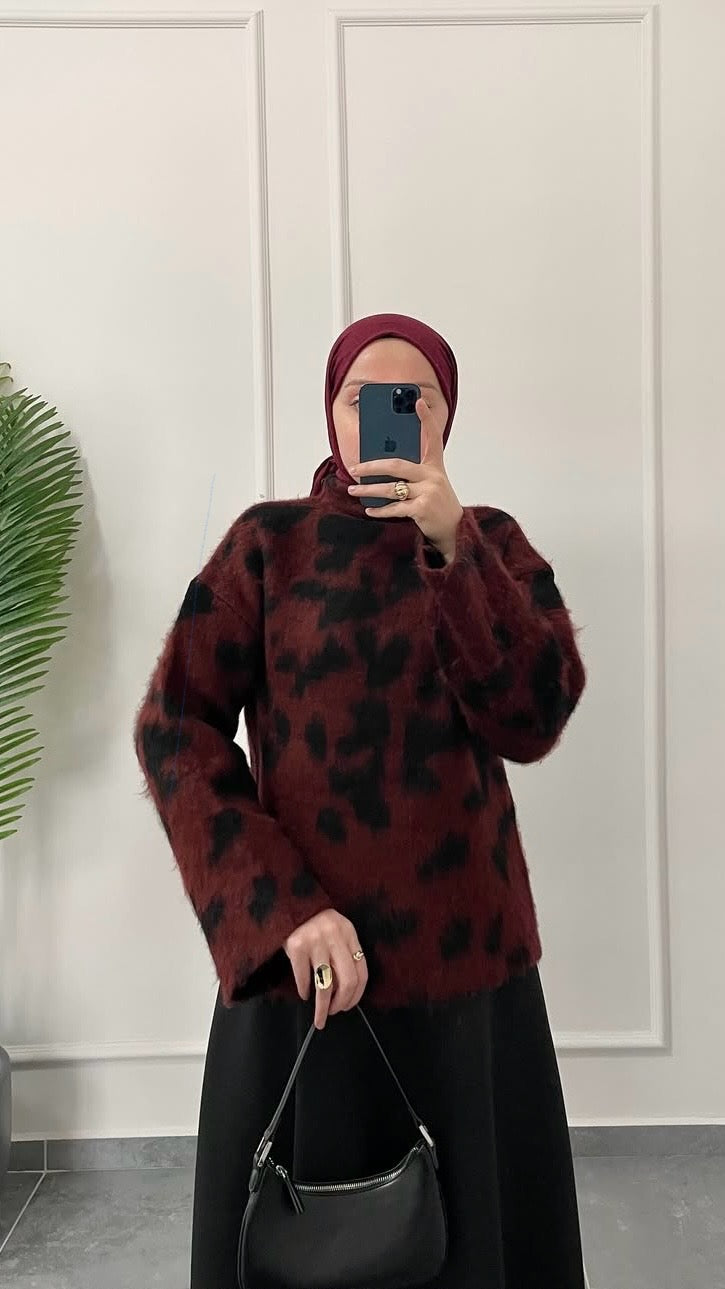 Leopar Desen Peluş Kazak Bordo