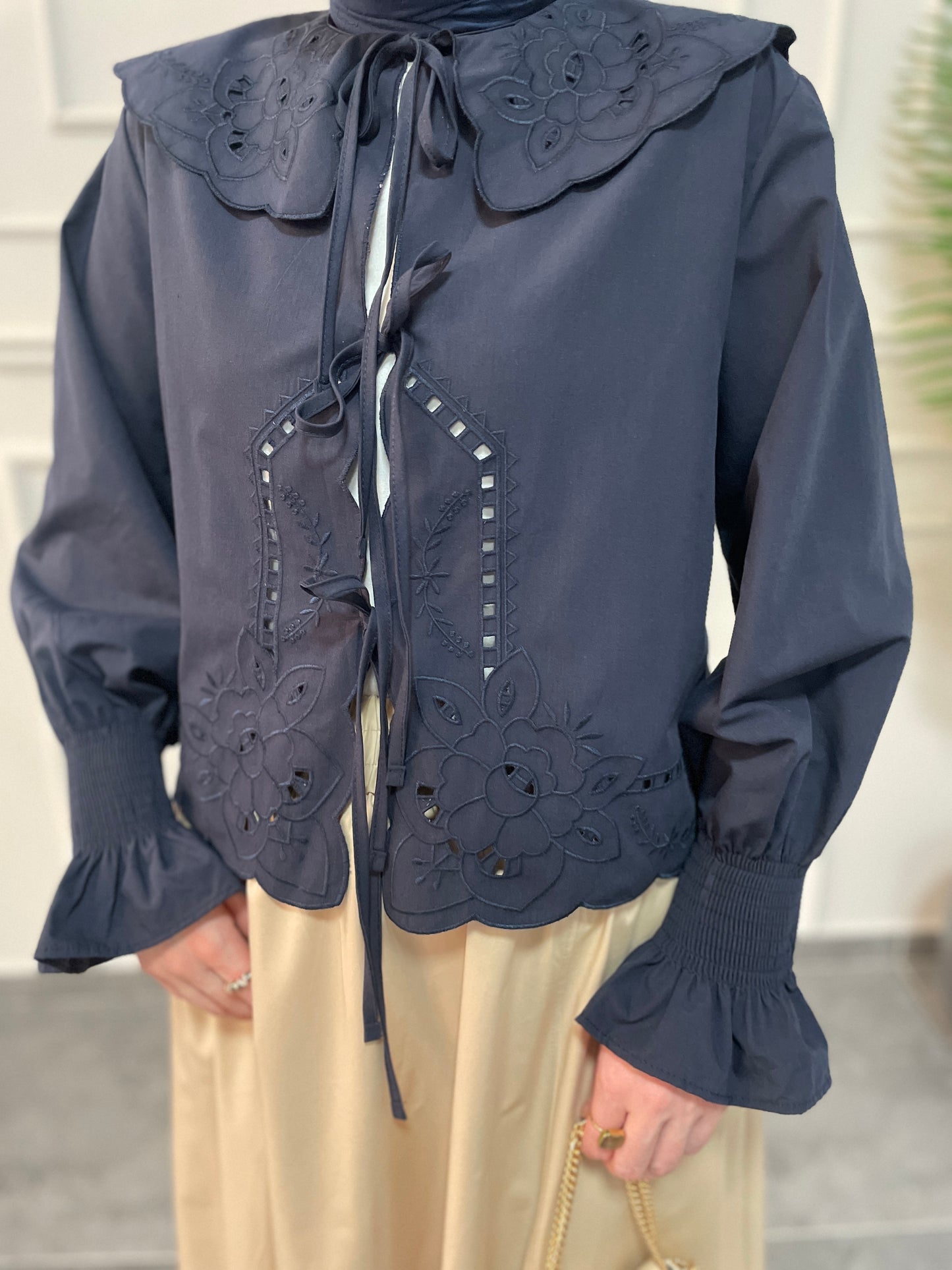 Bebe Yaka Nakışlı Kollar Gipeli Kimono-Lacivert