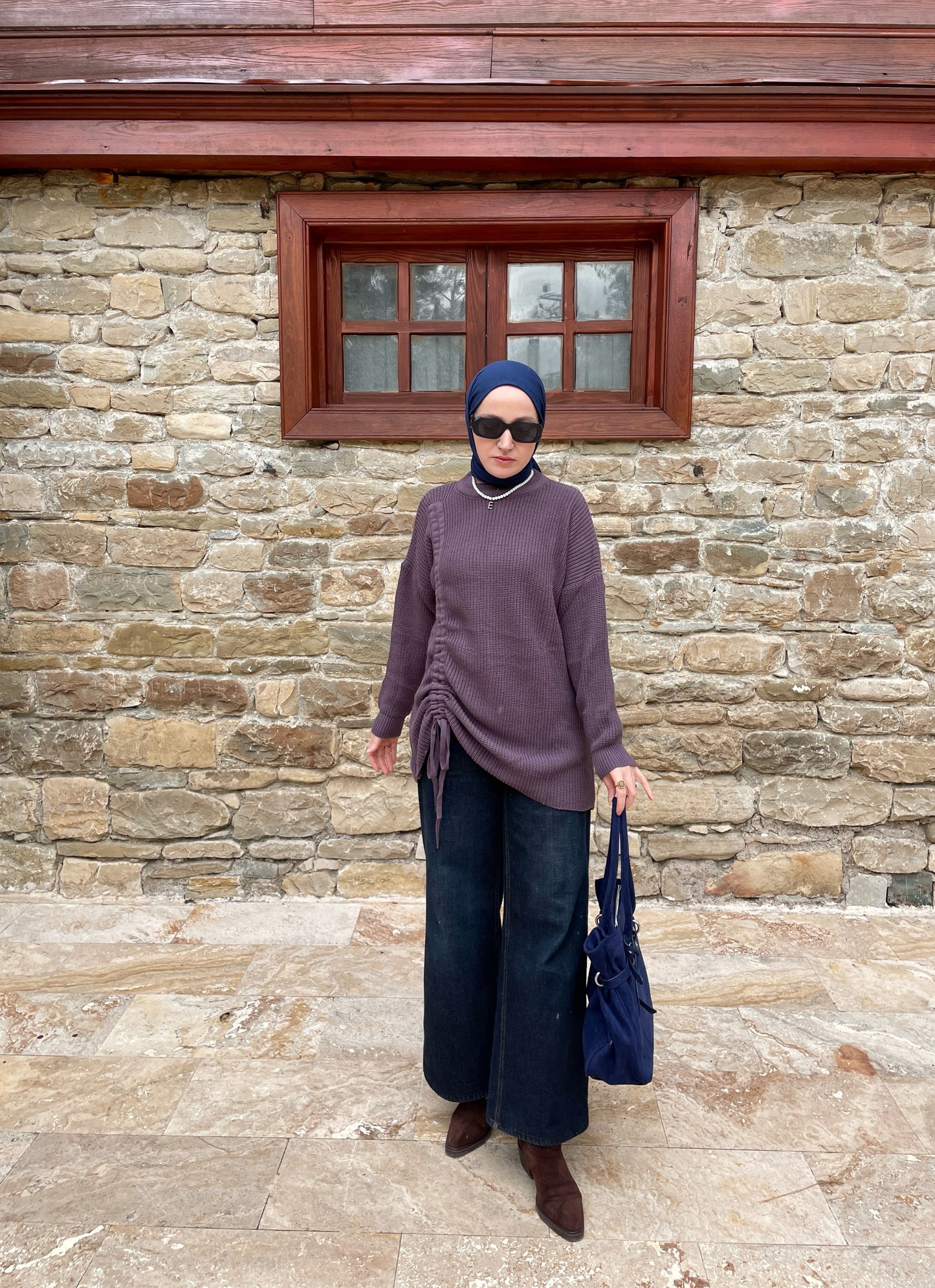 Büzgü Detaylı Triko Kazak Lavanta