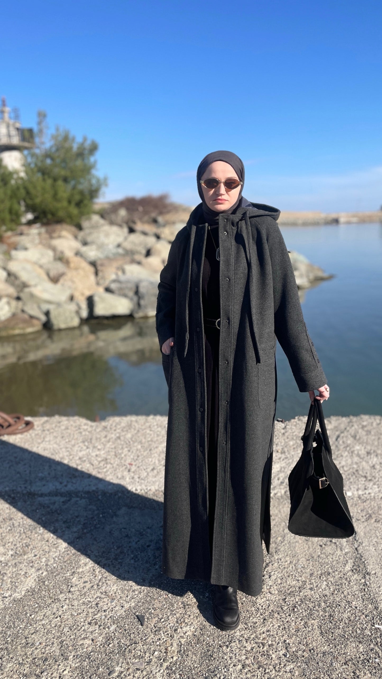 Tam Boy Premium Kapüşonlu Kaşe Kaban Antrasit