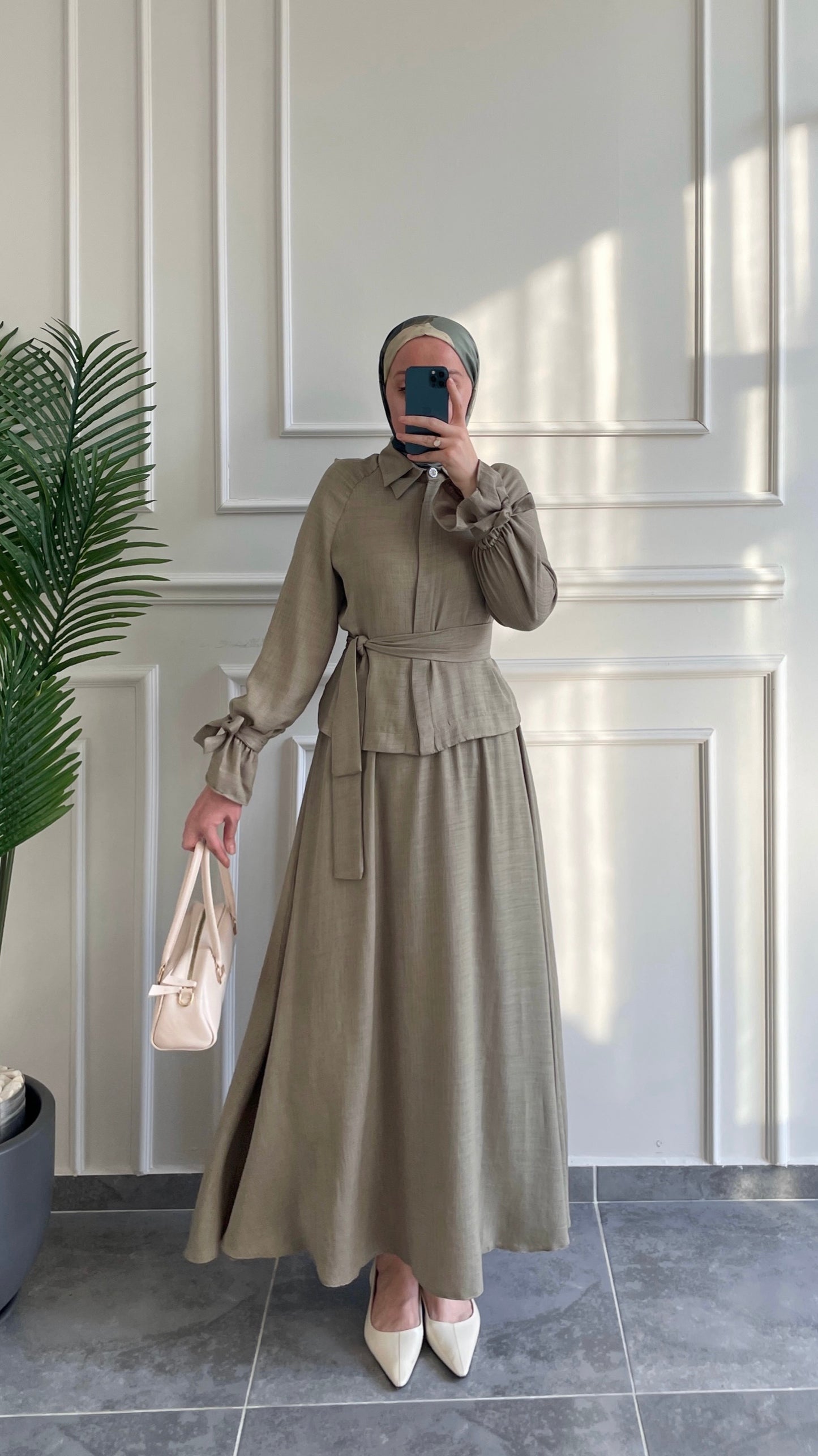 Dolunay Çift Yaka Tasarım Keten Etekli Takım-Yeşil