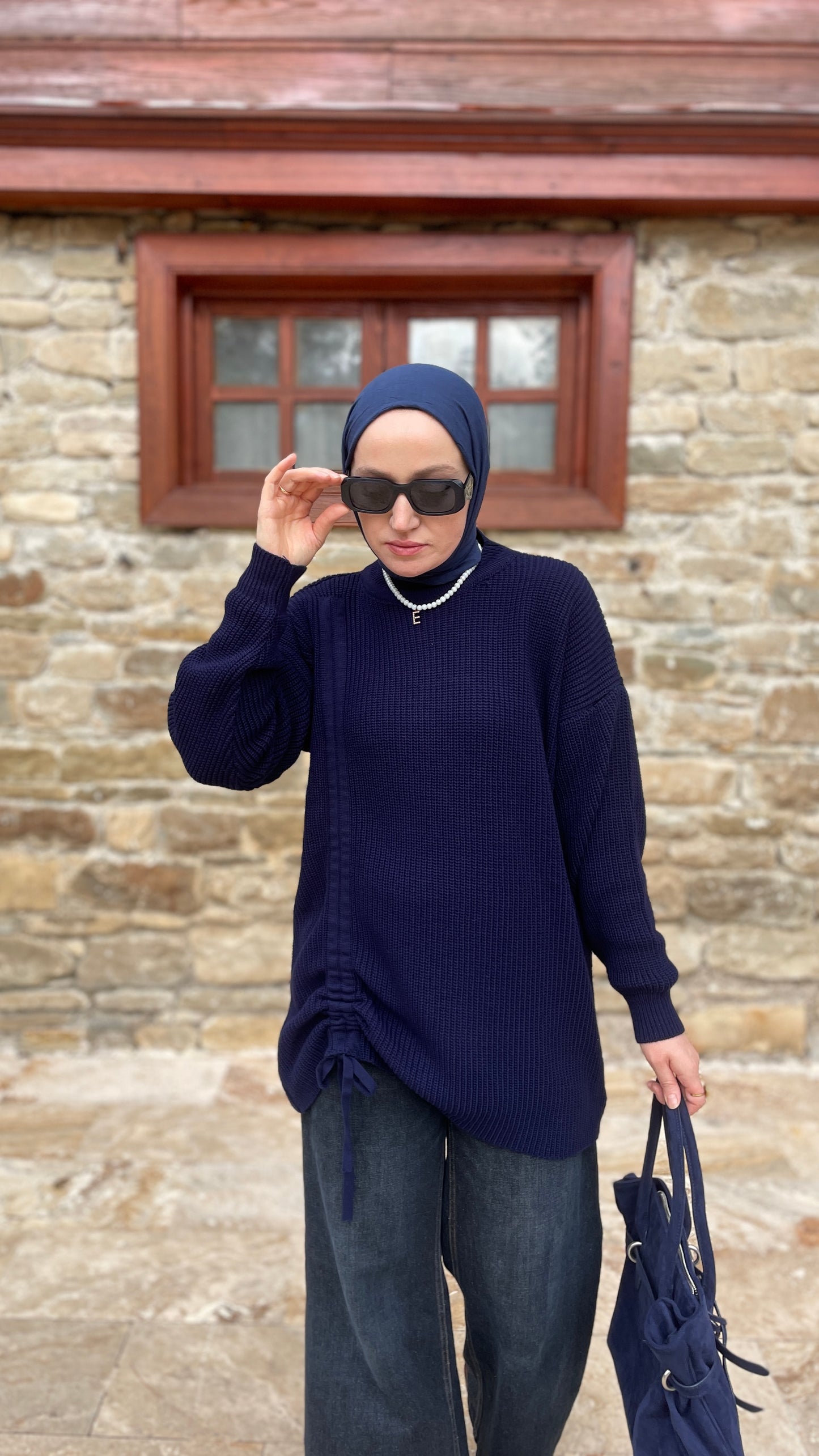 Büzgü Detaylı Triko Kazak Lacivert