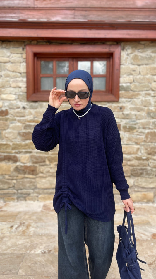 Büzgü Detaylı Triko Kazak Lacivert