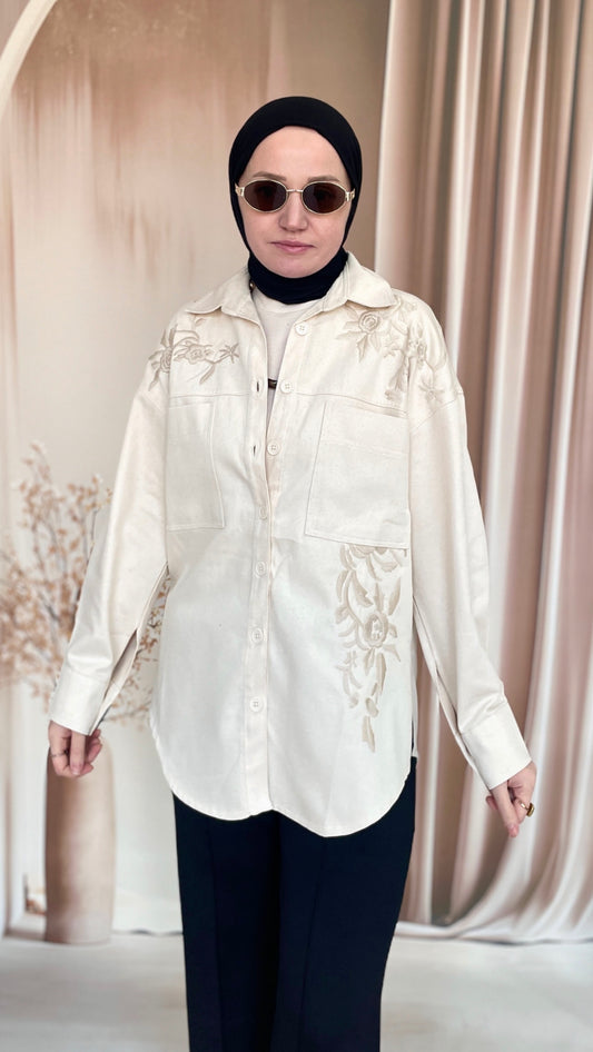 Nakışlı Denim Ceket Bej