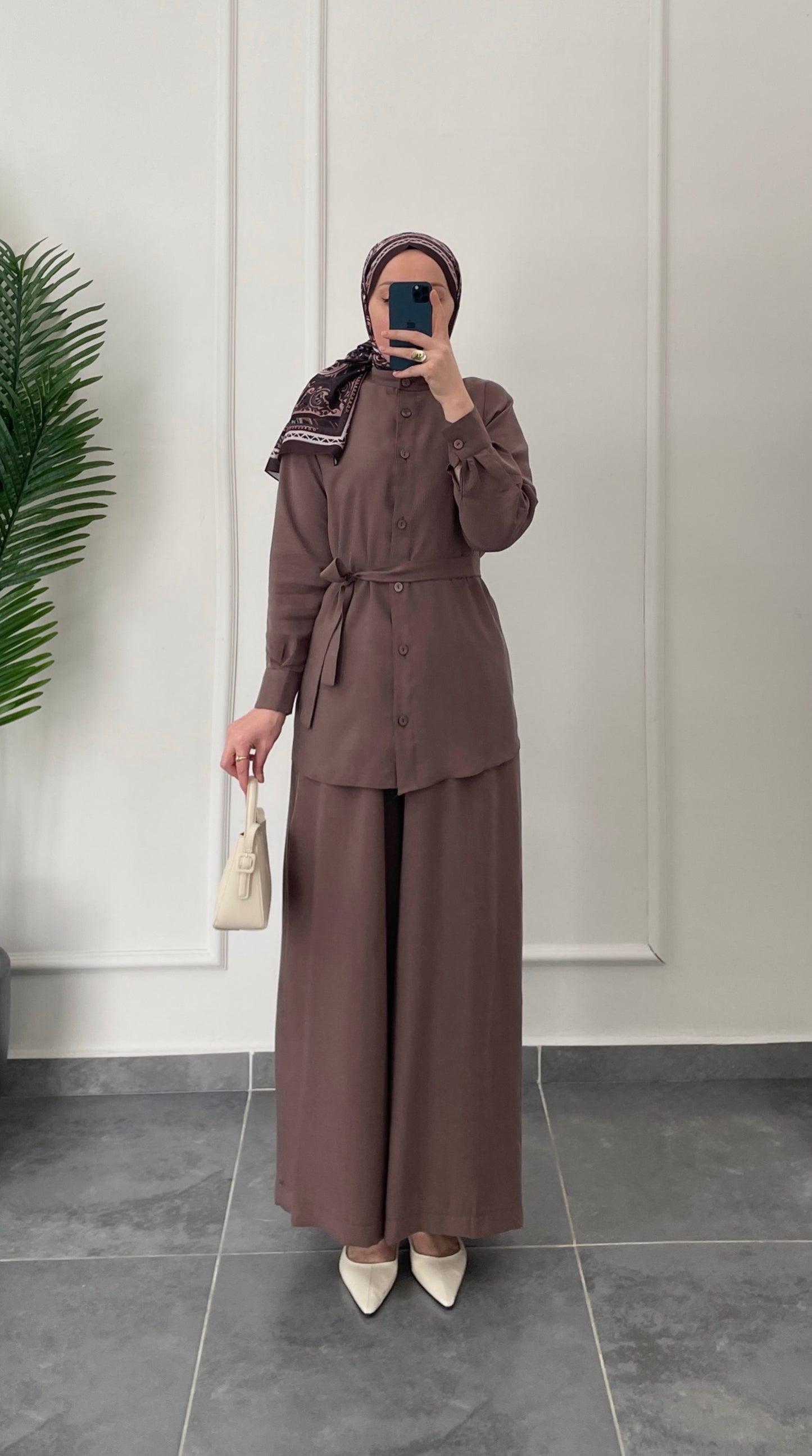 Tencel Keten Etek Pantolonlu Takım-Kahve