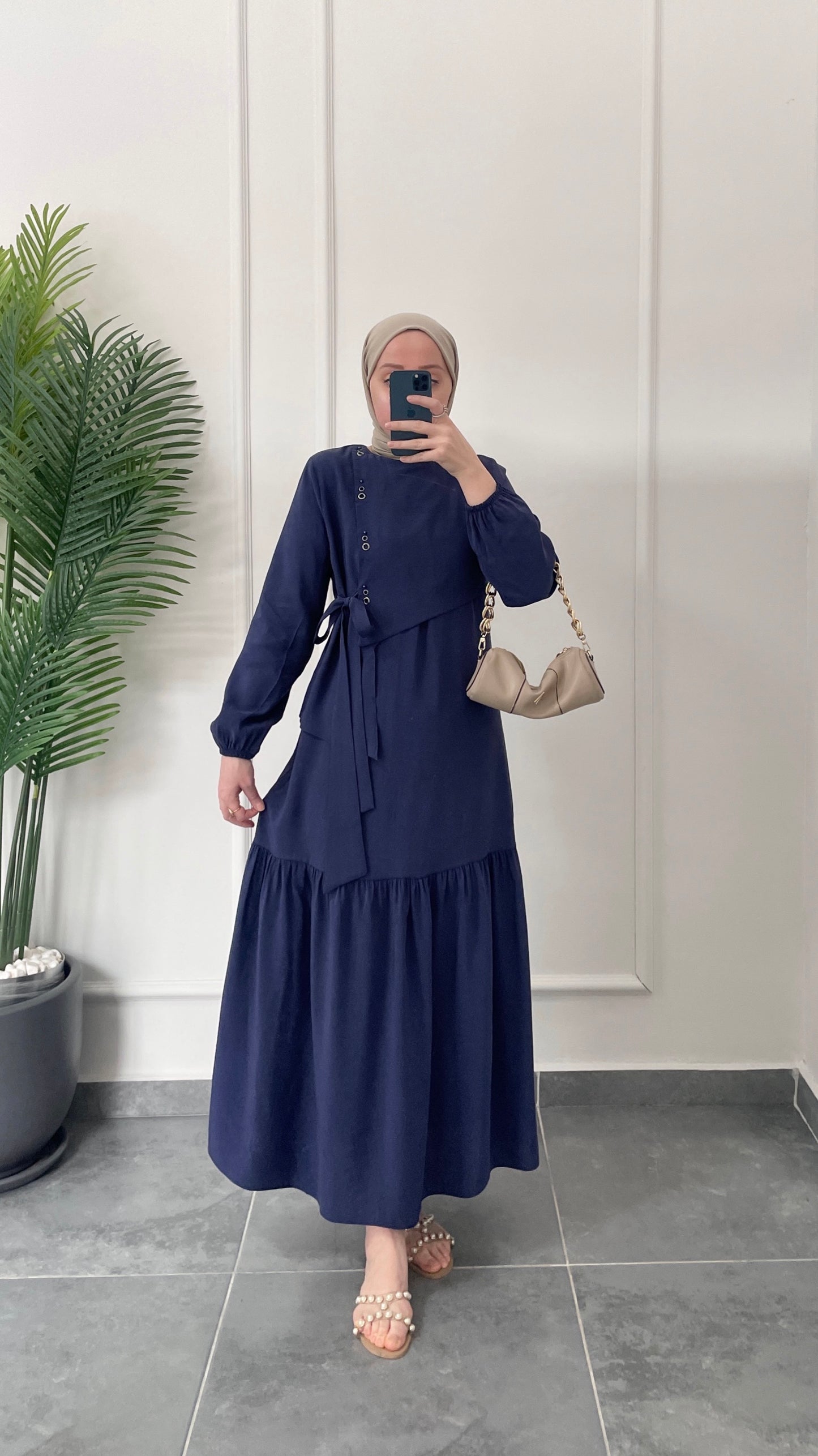 Lora Kuş Gözü Tasarım Elbise-Lacivert