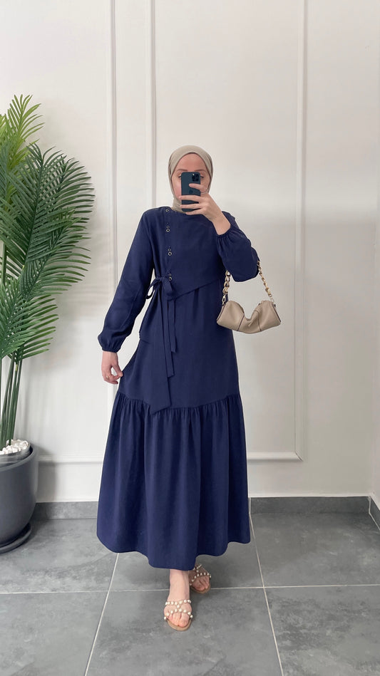 Lora Kuş Gözü Tasarım Elbise-Lacivert