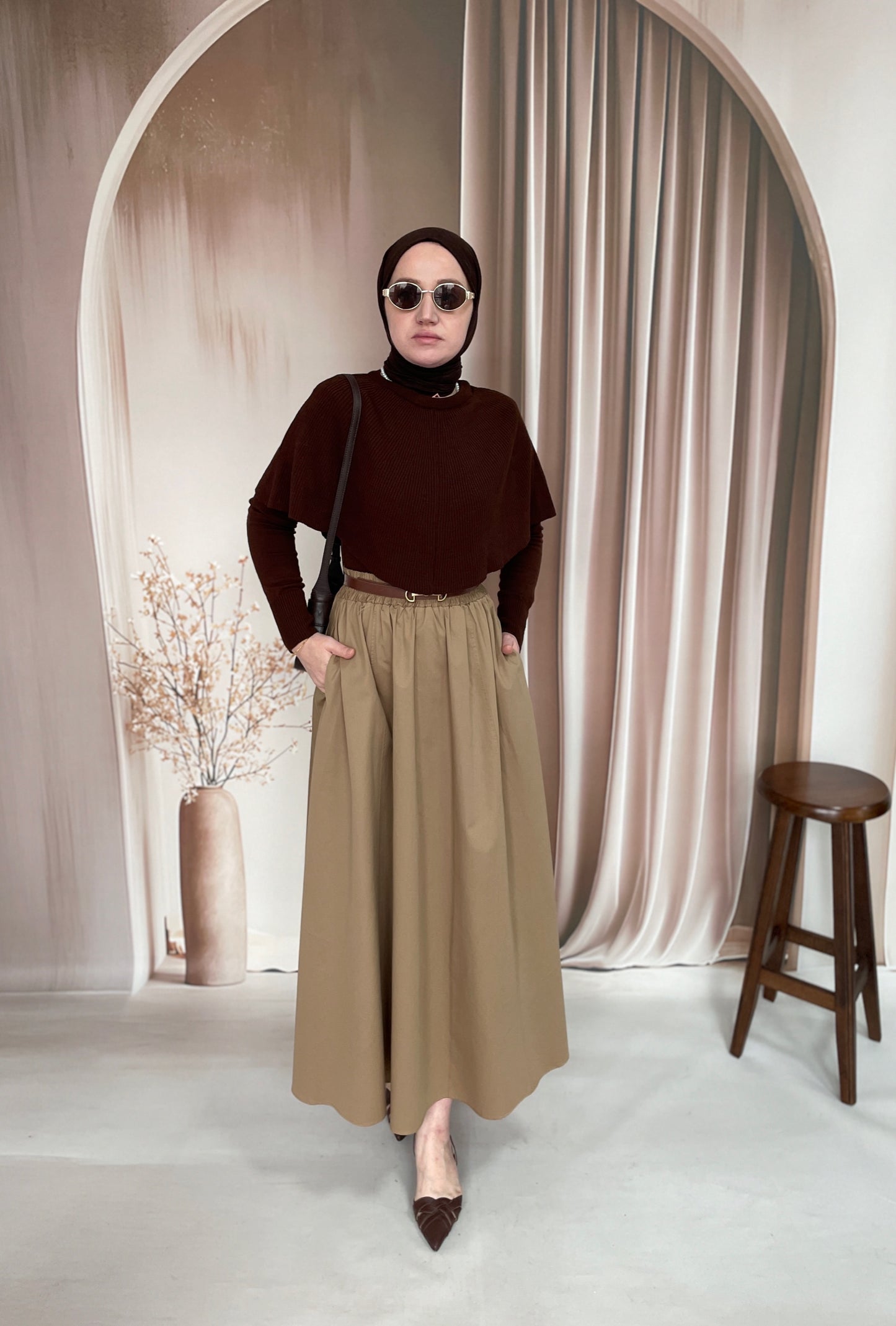 Poplin Kloş Etek Camel