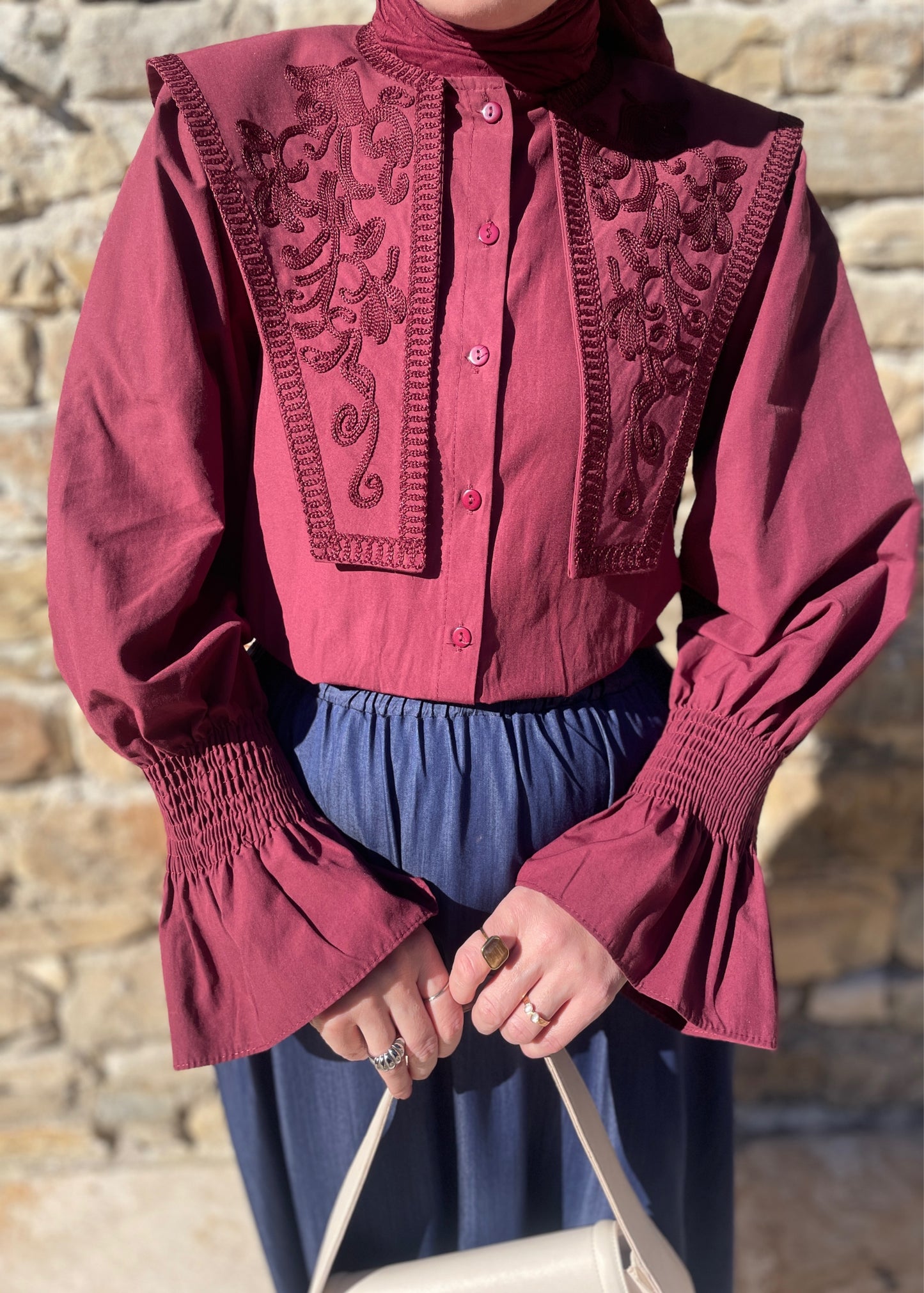Geniş Yakalı Nakışlı Vintage Gömlek Bordo