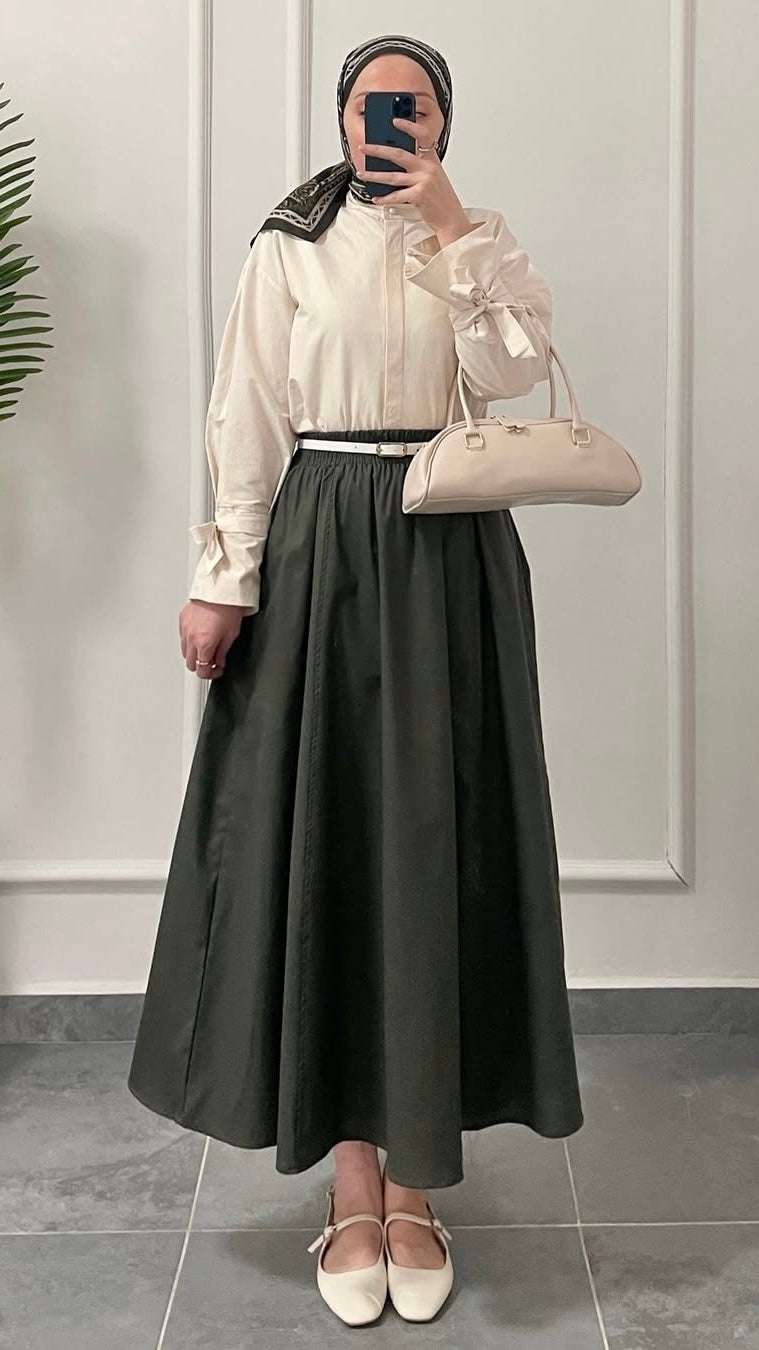 Poplin Kloş Etek Haki