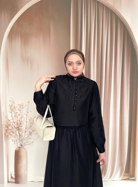 Dantel Tasarım Nostaljik Takım Siyah