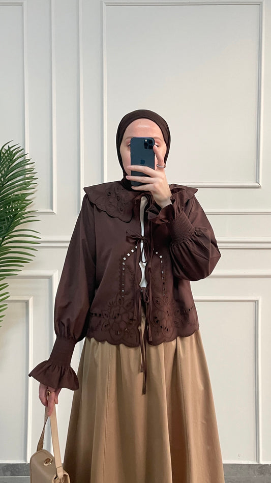 Bebe Yaka Nakışlı Kollar Gipeli Kimono-Kahverengi