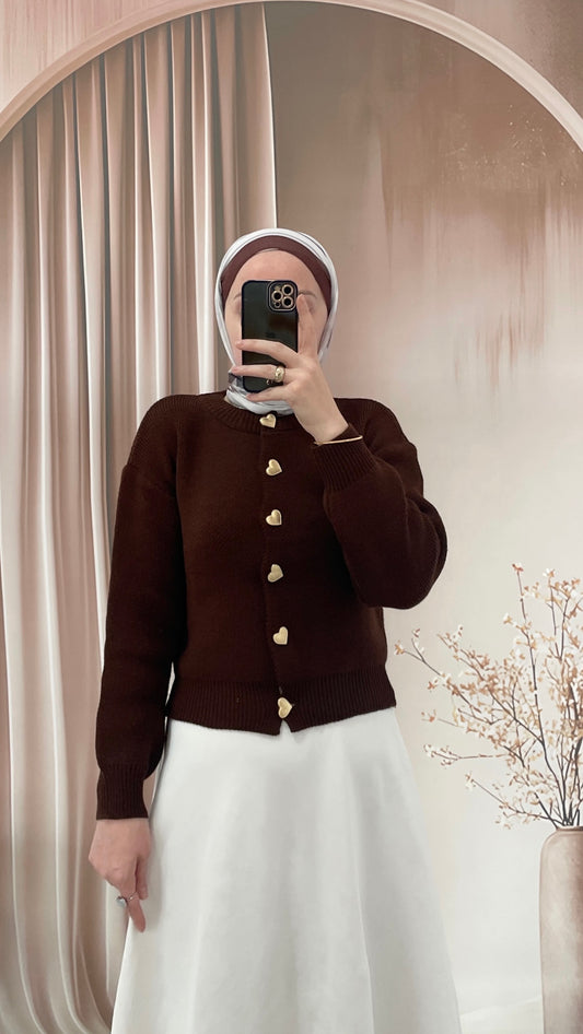 Kalp düğmeli hırka Kahverengi