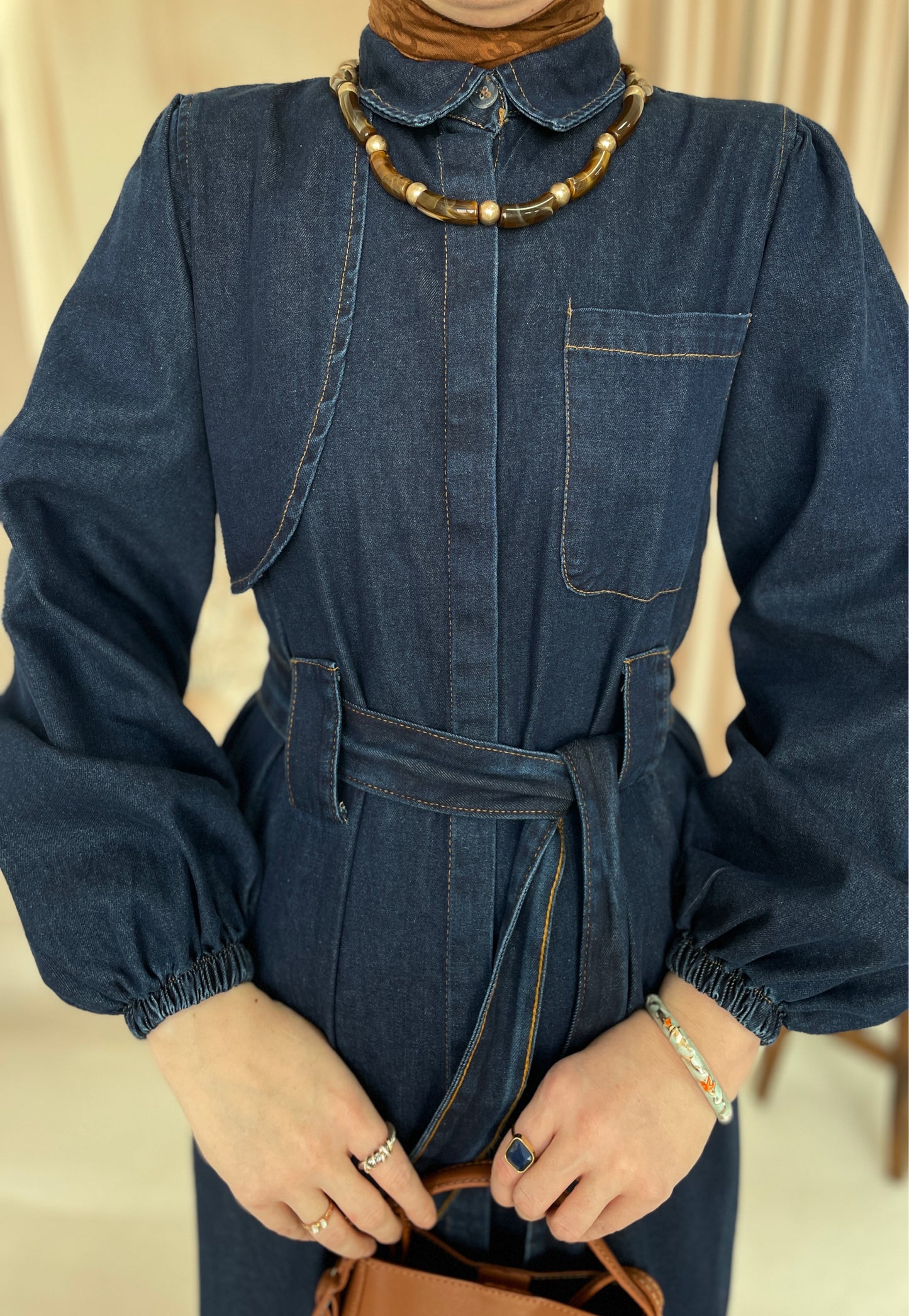 Gizli Patlı Pelerinli Denim Elbise Lacivert