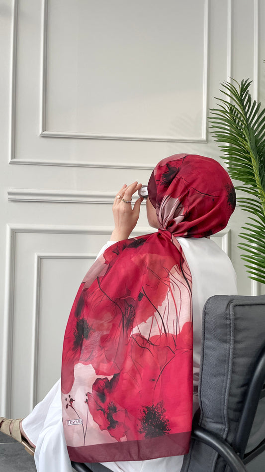 Pamuk Soft Hibiscus Şal Bordo-Kırmızı