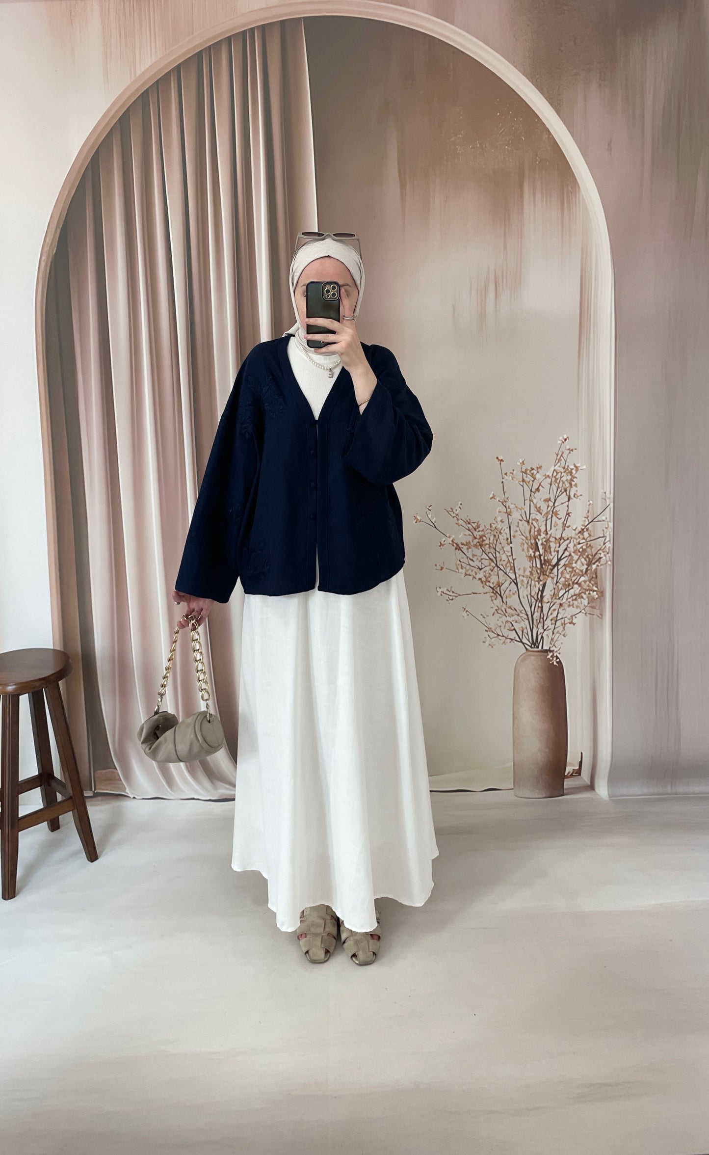 Nakışlı Ham Keten Kimono Lacivert