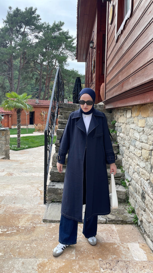 Renkli Dikişli Premium Trençkot Lacivert