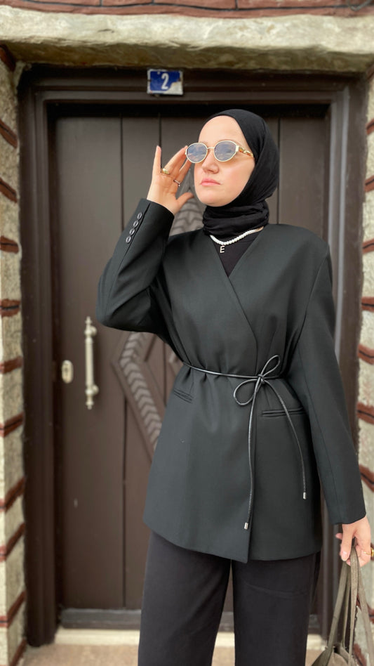 Deri Kemerli Blazer Ceket Siyah