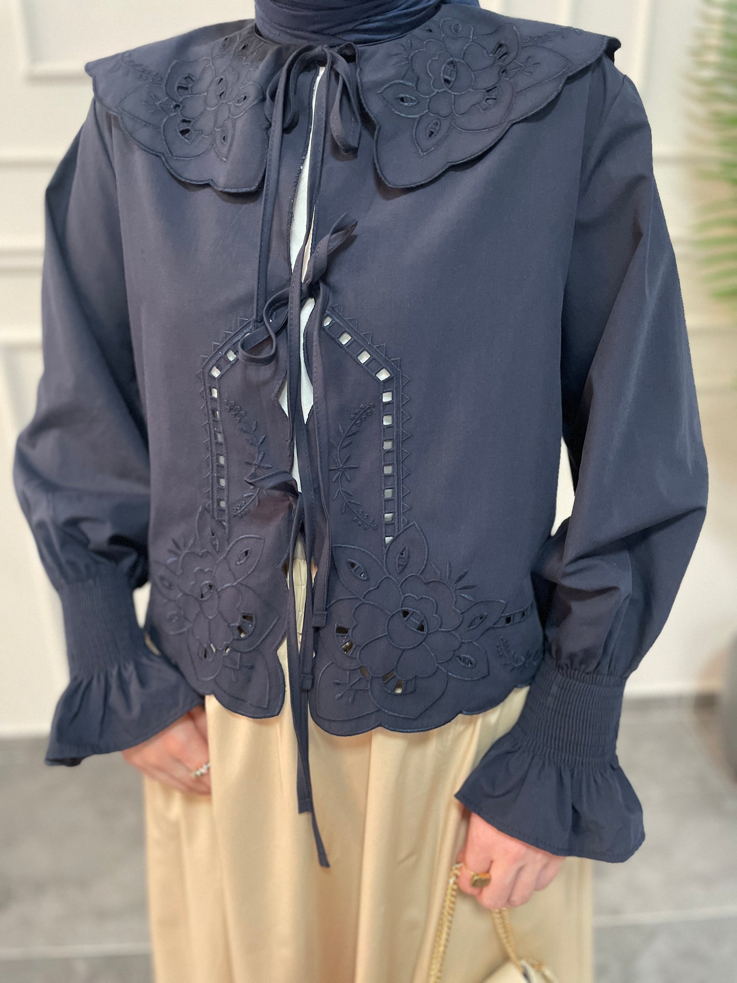 Bebe Yaka Nakışlı Kollar Gipeli Kimono-Lacivert