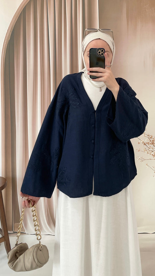 Nakışlı Ham Keten Kimono Lacivert
