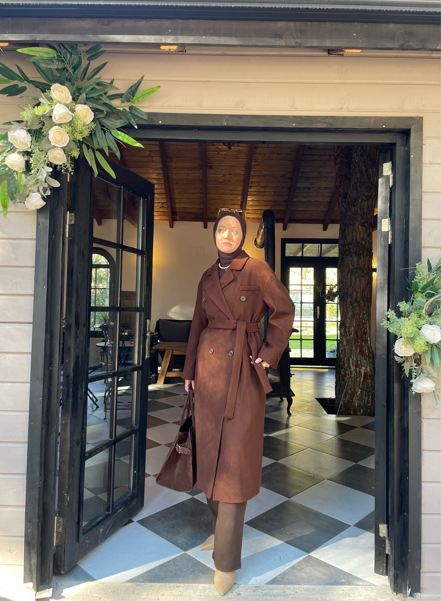 Vintage Tasarım Kol Düğmeli Kaşe Kaban Kahve