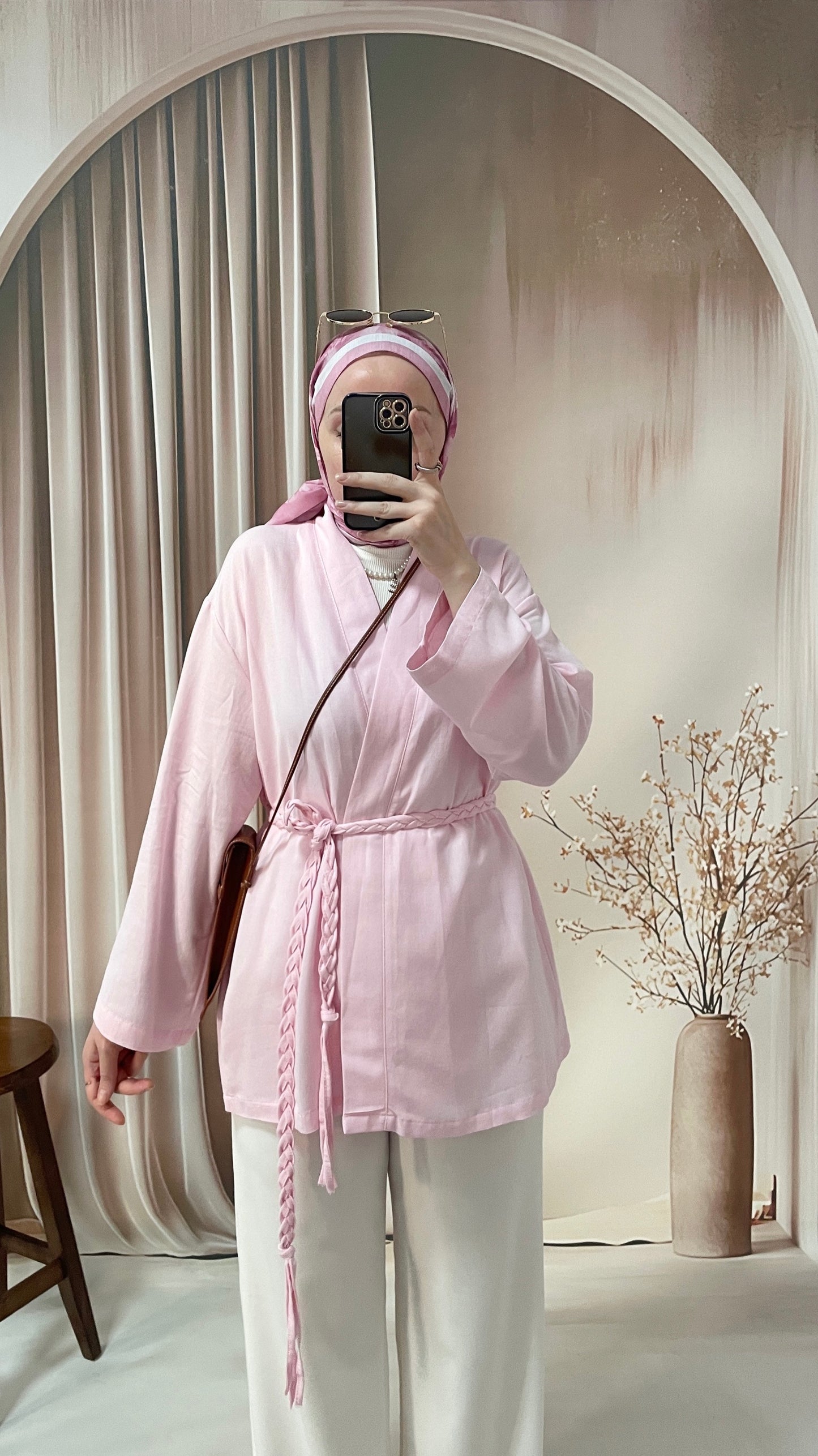 Ham Keten Örgü Kemerli Kimono Bebe Pembe