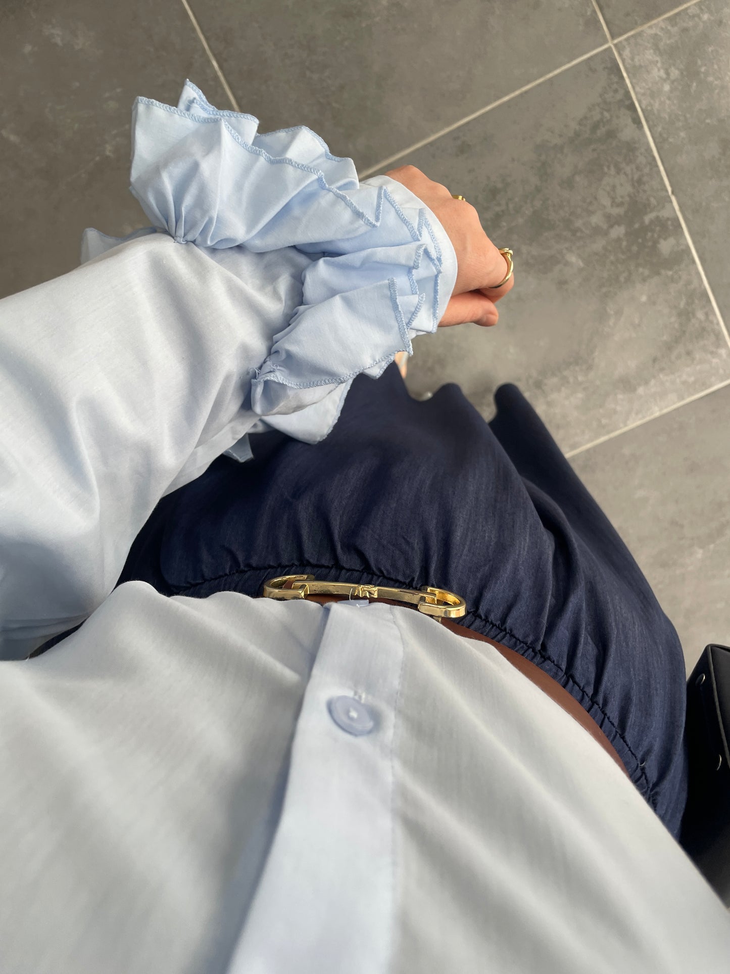 Çilek Kol Tasarım Gömlek-Mavi