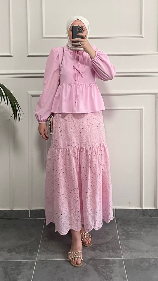 % 100 Pamuklu Brode Etek Pudra Pembe