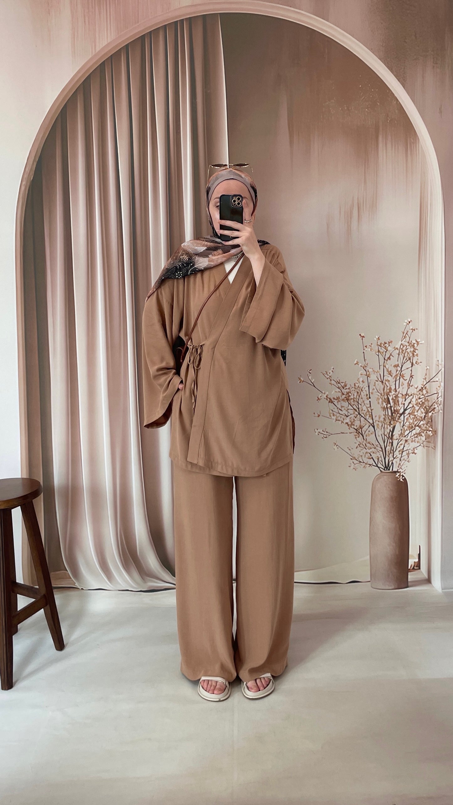 Organic Kumaş Kimono Takım Camel