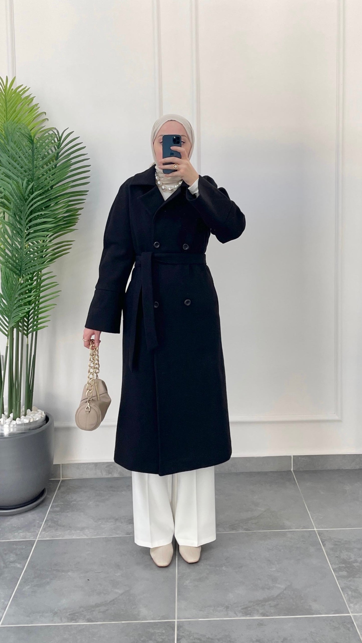 Kimono Tasarım Kaşe Kaban Siyah