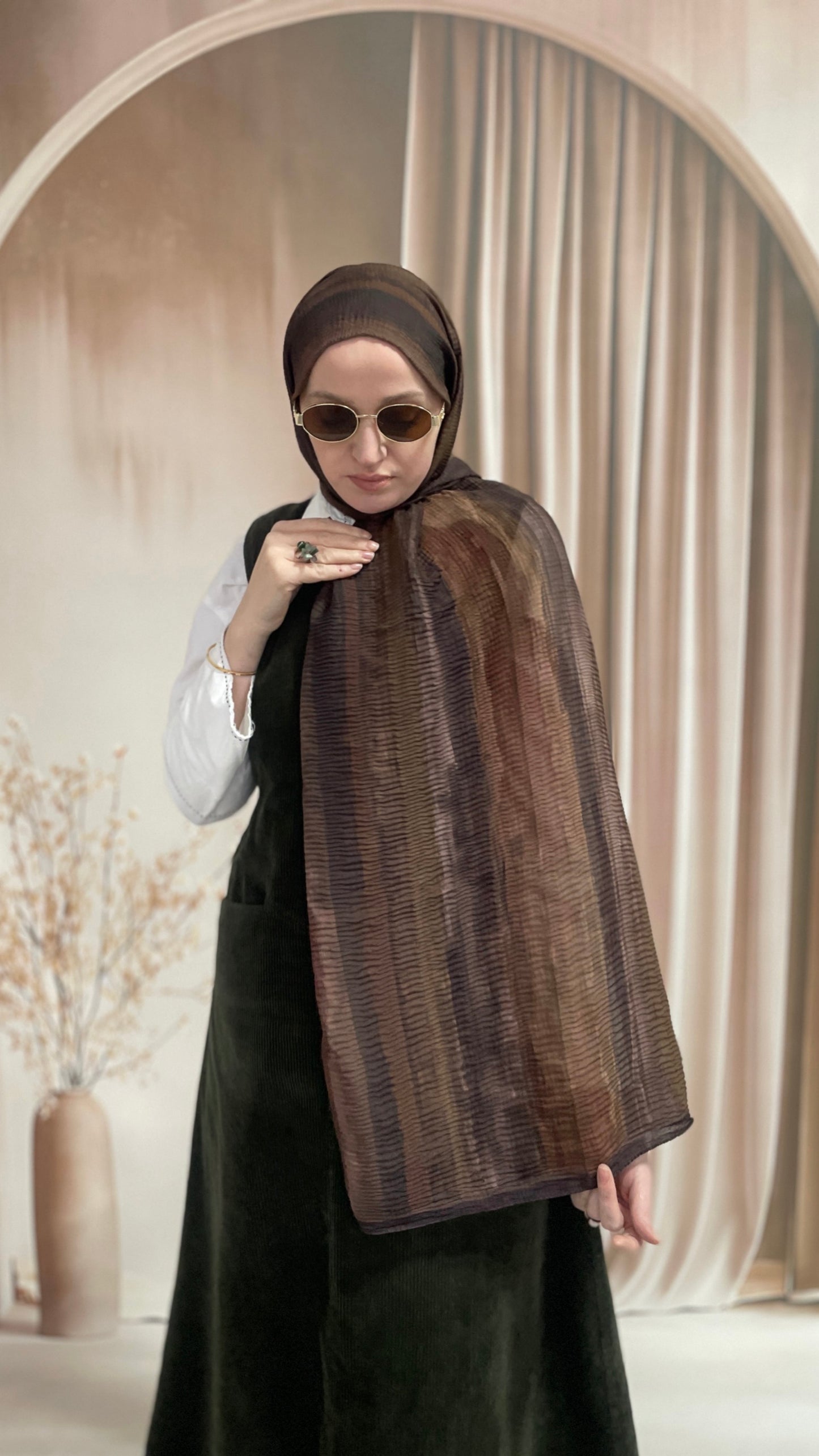 Tonsürton Çizgi Desen Müslin Şal Kahverengi