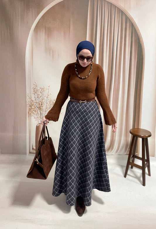 Ekose Desen Kloş Etek Lacivert&Taba&Gri