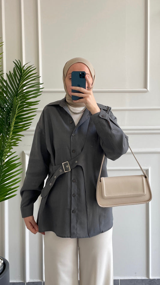 Premium Modal Kuşgözü Kemerli Gömlek-Antrasit