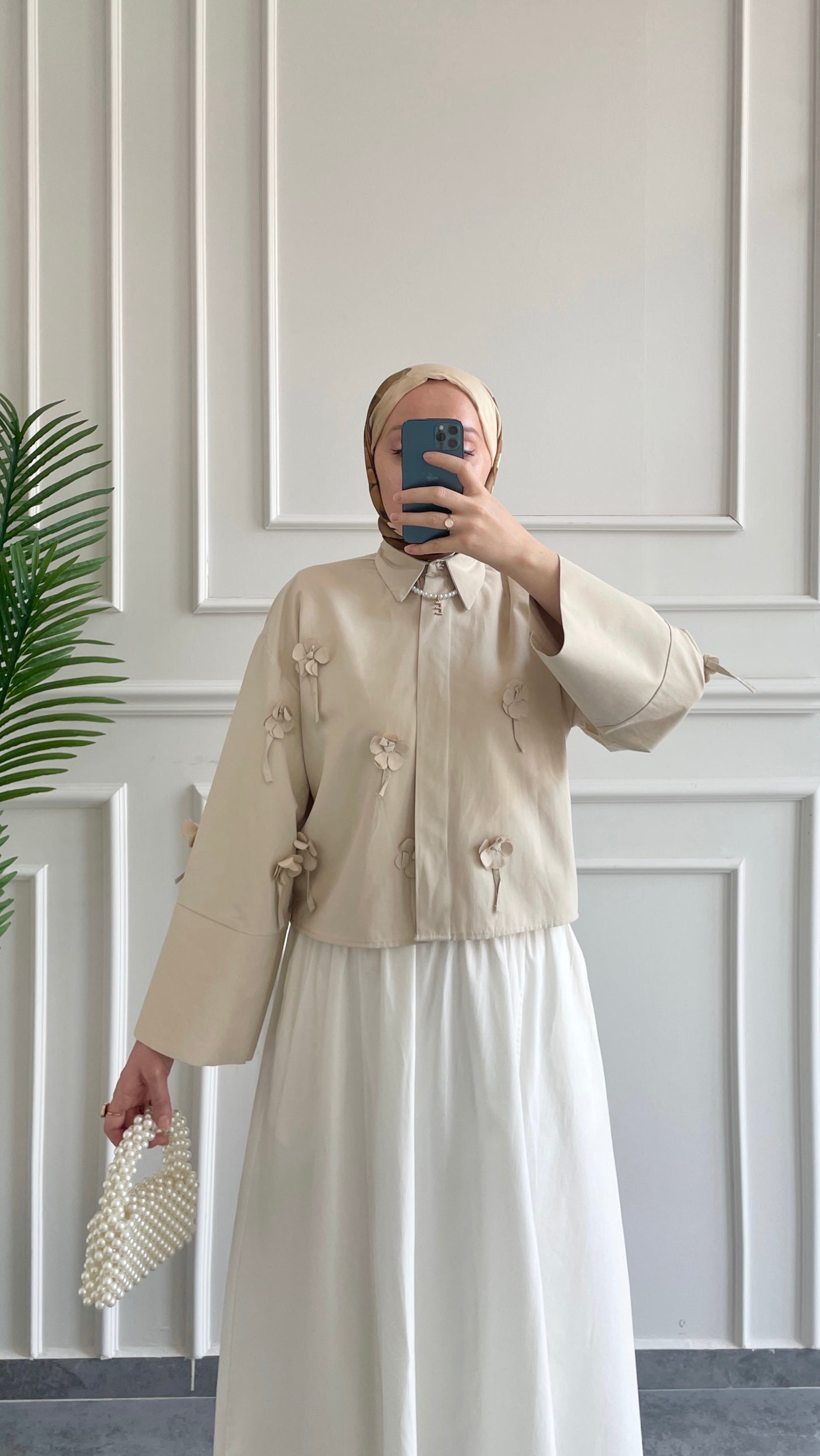 Papatyalı Poplin Gömlek-Bej