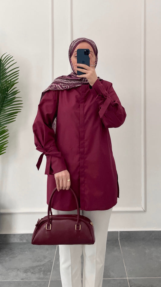 Kollar Bağcıklı Poplin Gömlek-Bebe-Bordo