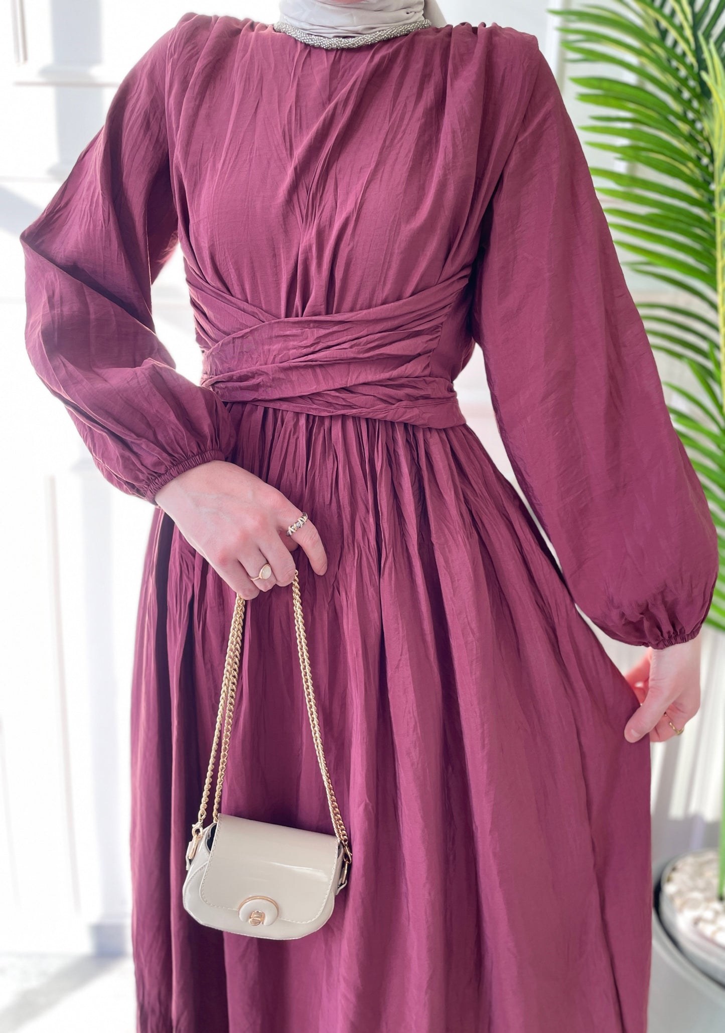 Bel Bağlamalı Kraş Elbise-Bordo