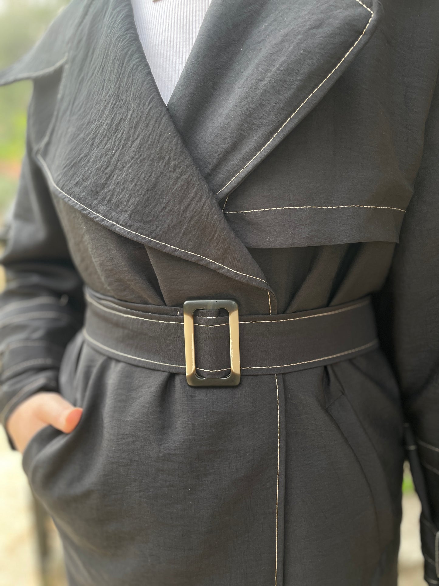 Renkli Dikişli Premium Trençkot Siyah