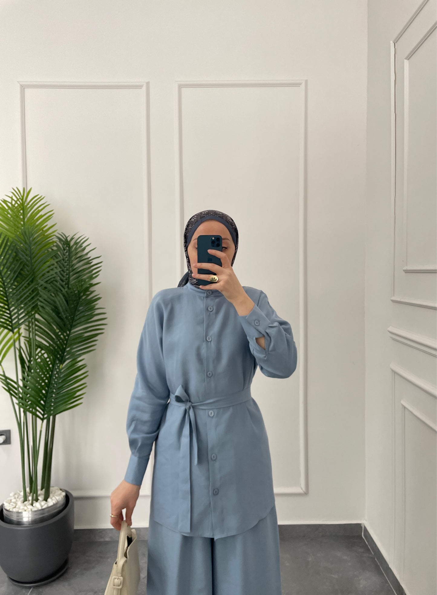 Tencel Keten Etek Pantolonlu Takım Mavi