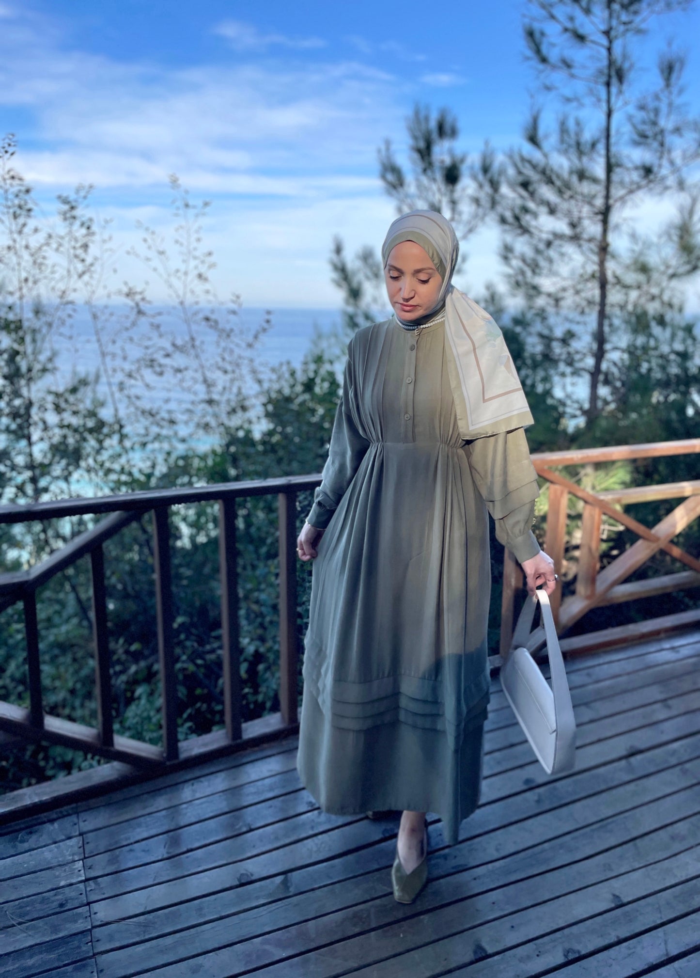 Nervürlü Koton Elbise Yeşil