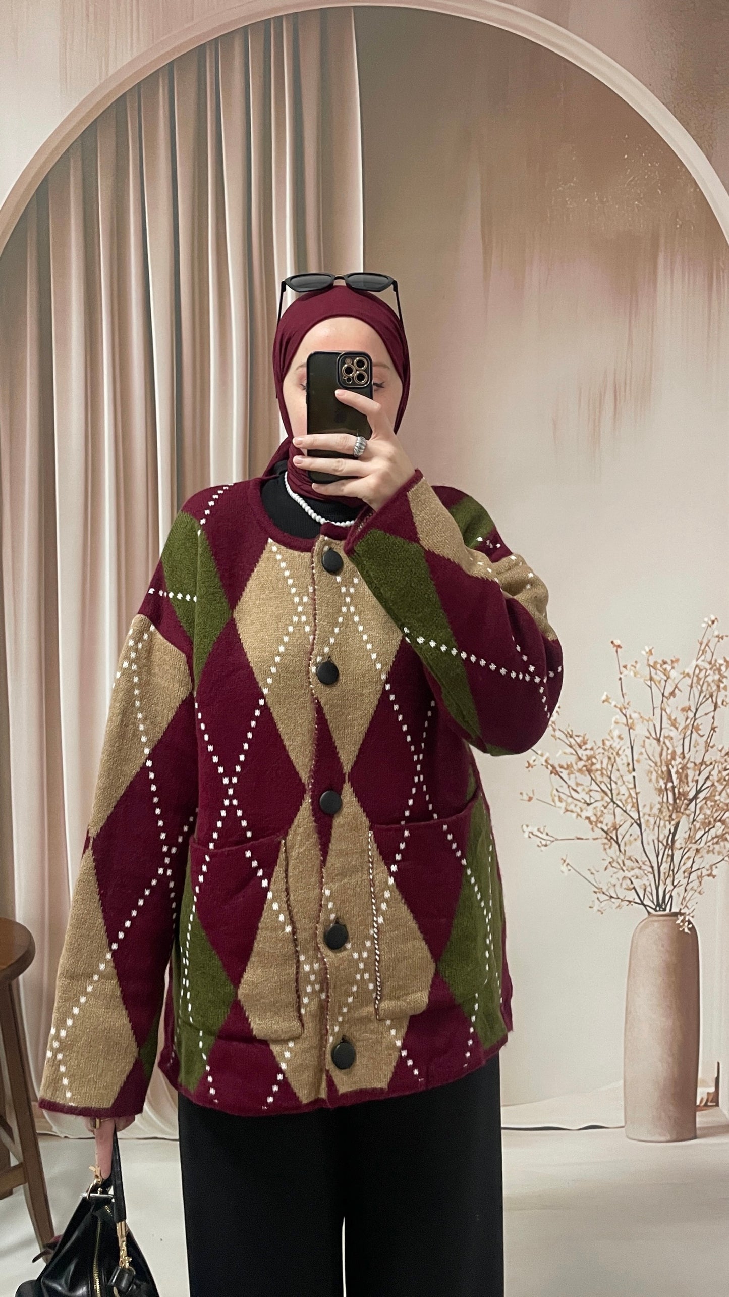 Baklava Desenli Premium Hırka Bordo&Haki